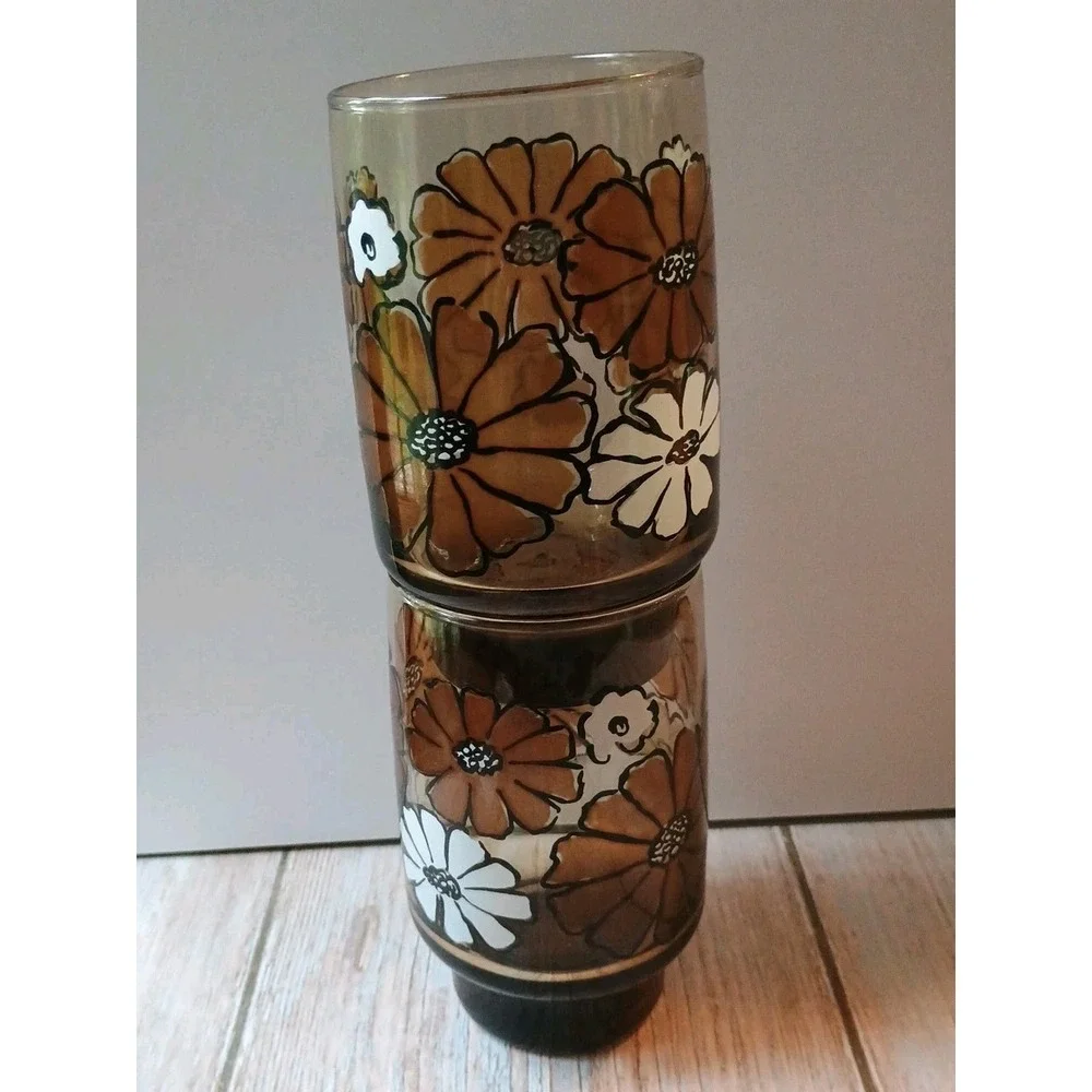 Vintage Libbey Camellia Tawney Glasses Brown Daisy Tumbler Juice Amber- 2